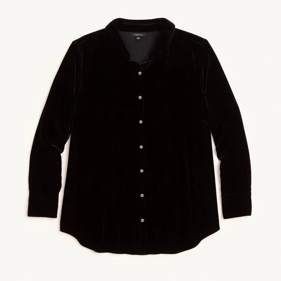Talbots Plus 2X Black Velvet Button-Up Shirt Collared Longline Witchy Holiday - Picture 1 of 5